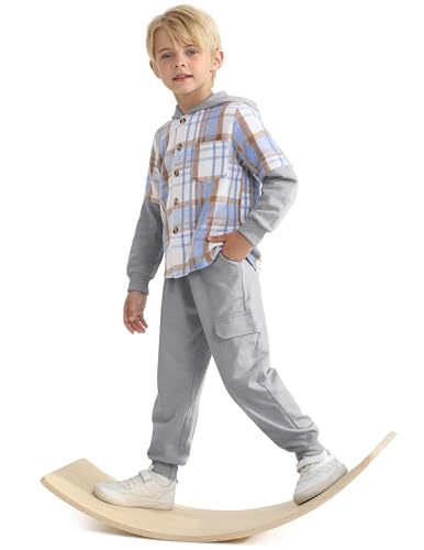 Image of 2Pcs Boys Clothes Sweatsuit Set Hoodie Flannel Plaid Shirt and Jogger Pants for Kids Fall Winter Spring Outfits