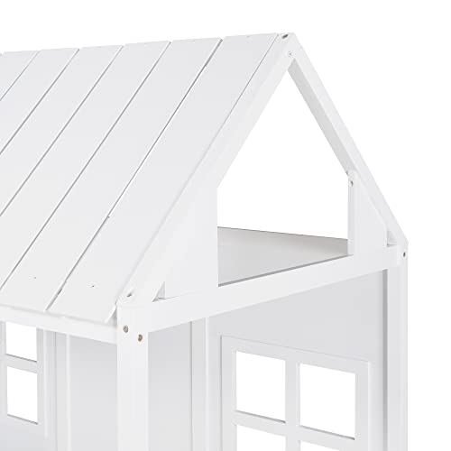 Image of House Bed with Trundle, Twin House Bed for Kids, Wooden Platform Bed Frame with Headboard and Roof, for Girls Boys (Twin Size, White)