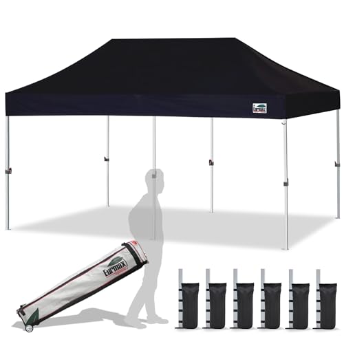 Eurmax USA 10'x20' Pop Up Canopy Tent Commercial Instant Canopies with Heavy Duty Roller Bag,Bonus 6 Sand Weights Bags (Black)