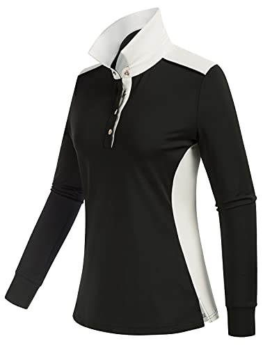 JACK SMITH Women Tennis Polo Slim Fit Golf Shirts Long Sleeve Color Block Sports Hiking Shirts Horse Riding Shirts Black XL