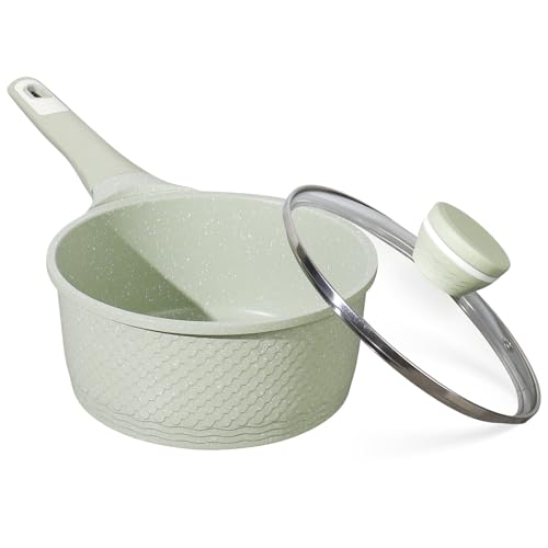 Sauce pan 2.0Qt SaucePan with Lid, Non Stick Sauce Pot for Cooking, Easy to Clean, Cooking all stovetop 100% Free PFOA PFAS - Green Granite