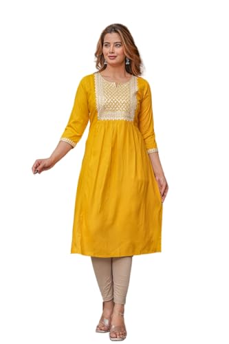 Image of Juniper Mustard Viscose Embroidered Kurta with Thread Work and Sequins