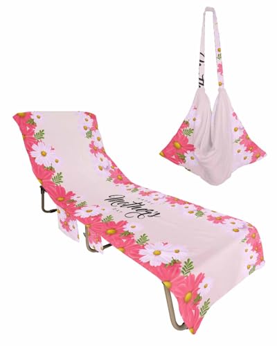Happy Mother's Day Beach Chair Towel Covers for Chaise Lounge with Side Pocket, Soft Plush Pool Towels Cover for Patio Sunbathing Outdoor 29''x85'' Best Mom Mother Beautiful Flowers