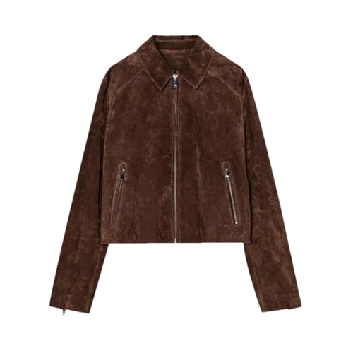 Women’S Elegant Suede Jacket Casual Turn-Down Collar Long Sleeve Zipper Coat