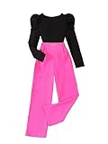 OYOANGLE Girl's 2 Piece Outfits Rib Knit Long Puff Sleeve Tee Top and Wide Leg Pants Set Jumpsuit Pink 10Y
