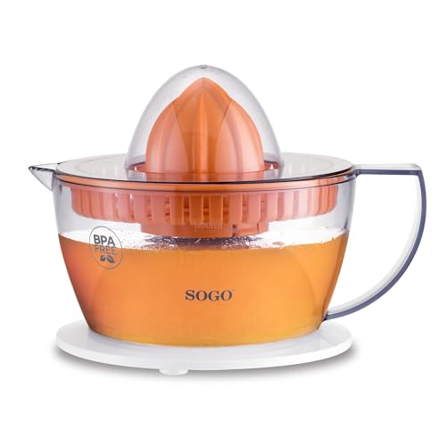 SOGO Exprimidor eléctrico de zumo de naranja y limón con 2 conos y tapa - Automático, Potente y Silencioso - Jarra 0,5 Litros, blanco, 40w