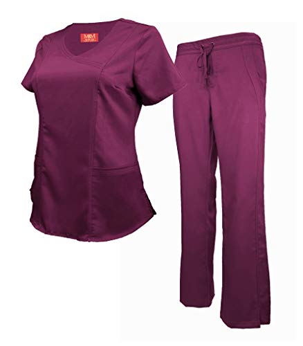 M&M Scrubs Women's Super Soft Stretch Mock Wrap Scrub Set (Large, Burgundy)