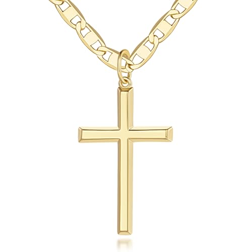 14k Gold Cross Necklace for Women Gold Cross Pendant Figaro Chain Mariner Masculine Appeal 19 INCH