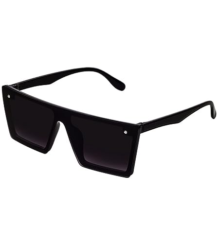 Image of Square Sunglasses for Men & Women UV400 Stylish Flat Top Fashion Black Shades