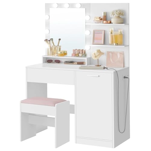VASAGLE Vanity Desk with Mirror and Lights, 35.4-Inch Wide Makeup Vanity with Upholstered Vanity...