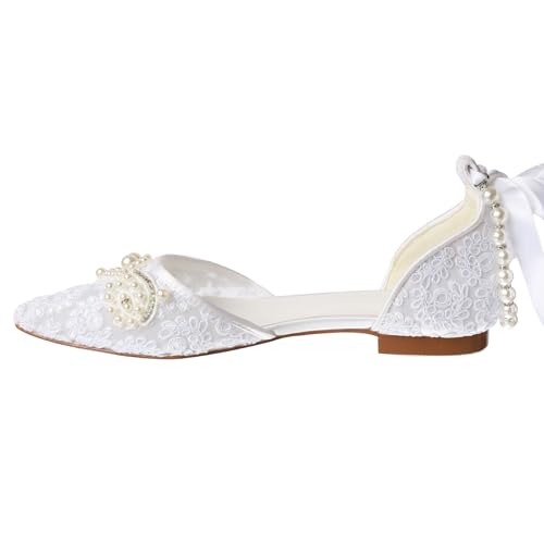 Women's Pearl Ivory Flat Wedding Shoes for Bride Lace Rhinestones Pointed Toe Comfortable Bridal Dress Shoes2