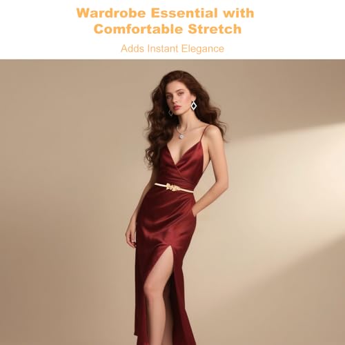 Gold Belt for Dress Stretch Waistband with Floral Statement Design Fancy Golden Accent Thin Chain Dressy Belts for Women Elegant Evening Dresses and Formal Outfit Accessories4