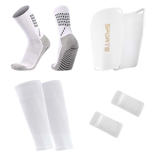 Ukontagood 1 Pair Grip Soccer Socks, 1 Pair Soccer Sleeve Socks with 1 Pack Shin Guards and 2 Shin Straps, Football Game Set 5 Pcs (White)