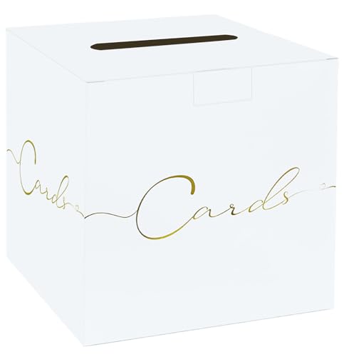 Image of HEIPINIUYE Large Card Box for Party 9.8 inch x 9.8 inch White Gift Card Box Holder with Gold Foil Design for Wedding Birthday Baby Shower Retirement Graduation Party Raffle Box