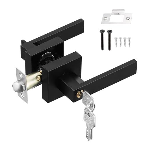 HSEAMALL Manija de Puerta Interior Con Cerradura y Llave, Negra, Cuadrada Para Dormitorio, Oficina, Izquierda o Derecha