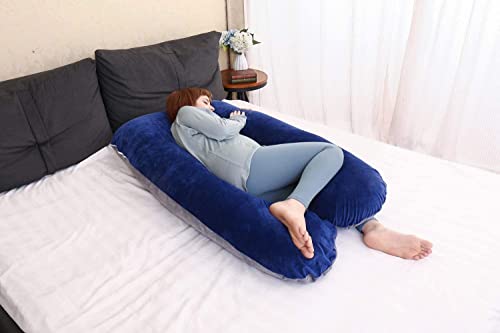 Image of U-Shaped Sleeping Pregnancy Pillow| Removable Washable Velvet Covers with Zipper| PregnoCare Fibres| Maternity, Nursing| Full Body Soft-Support Bump, Head, Back, Shoulder, Hips, Legs and Belly (Blue)