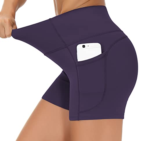 Image of THE GYM PEOPLE High Waist Yoga Shorts for Women's Tummy Control Fitness Athletic Workout Running Shorts with Deep Pockets