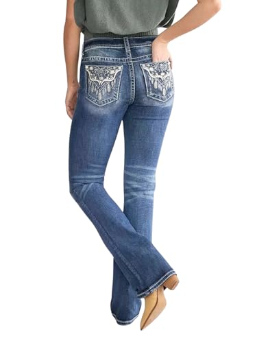 Bootcut Jeans for Women Embroidered Mid Rise Curvy Jeans Stretchy Tummy Control Flare Denim Pants with Pockets