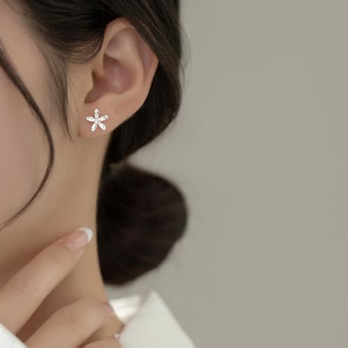 Reffeer Solid 925 Sterling Silver Small Flower Earrings Studs for Women Teens Pretty CZ Flower Stud Earrings Spring2