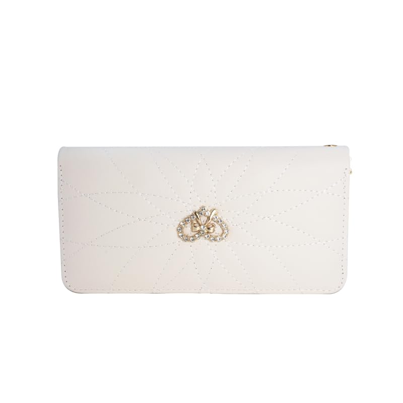 Women's long wallet with crystal bow, women's ultra-thin wallet with wristband, large capacity phone case, white, 7.67 x 3.93 inches