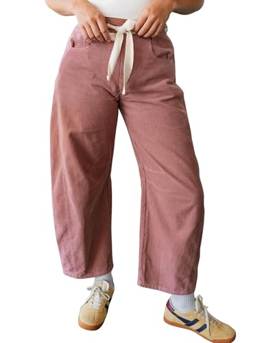 Hooever Womens Corduroy Barrel Wide Leg Baggy Pants Casual Drawstring High Waisted Loose Palazzo Trousers