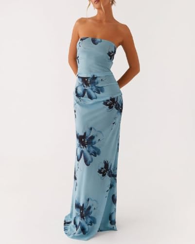 Image of Women Floral Strapless Maxi Dress Y2K Bodycon Tube Long Dresses Sexy Party Formal Cocktail Beach Slit Dress