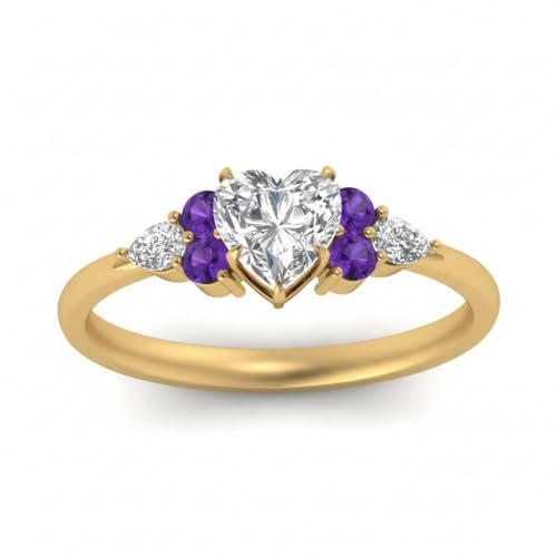 Image of Choose Your Color Heart Shape Accented 14k Yellow Gold Plated Engagement Ring Side Stone Daily Wear Chakra Healing Party Wear Birthstone Engagement Rings : US Size 4 to 12