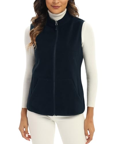 Argstar Women's Polar Fleece Vest with Pockets, Soft Lightweight Sleeveless Classic Fit Outerwear Full-Zip Casual Gilet Navy Blue L
