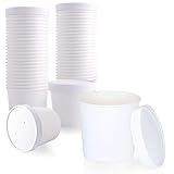 [50 Pack] 16 oz White Paper Food Cup with Vented Lid - Disposable Kraft Ice Cream Bucket, Rolled Rim...
