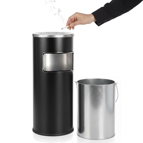 Curvaso Metal Bin Rubbish Waste Dustbin Large Outdoor Freestanding Trash Can Commercial Grade Black Round