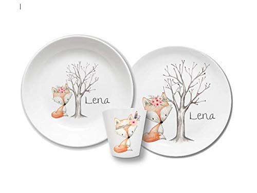 Kindergeschirr mir Namen, Name Fuchs mit Blume Waldtiere