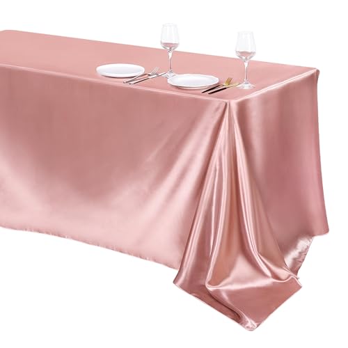 Image of TURSTIN 1 Pack Rose Gold Satin Tablecloth 102 x 58 Inch Overlay Satin Table Cover Rectangle Bright Silk Tablecloth Smooth Fabric Table Decoration for Wedding Banquet Party Events