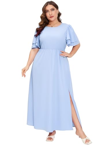 ShopWonder Women Plus Size Maxi Dress Round Neck Ruffle Short Sleeves High Waist Split Summer Casual Dress with Pockets Light Blue 4XL at Amazon Women's Clothing store