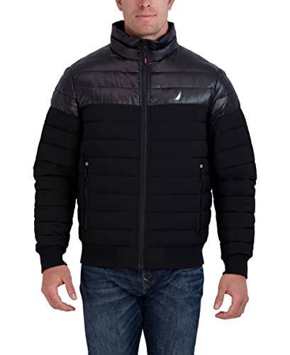 Nautica Men's Mixed Media Quilted Bomber Jacket Water Resistant Long Sleeve Zip Up Coat - Main Image