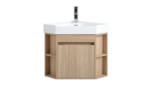 Tennant Brand 18 Inch Wall Mount Corner Bathroom Vanity with Matte Solid Surface (Light Oak)