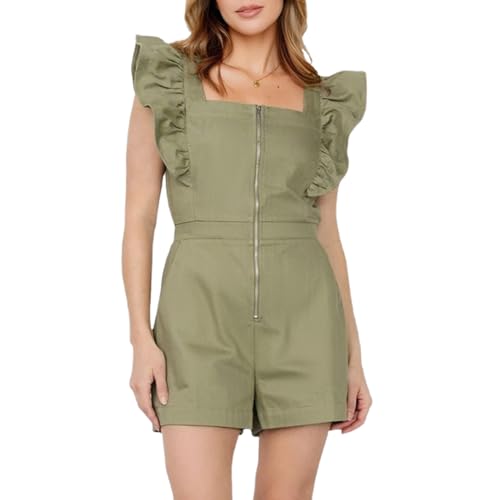 Women's Fashion Ruffle Sleeve Jumpsuit Zippered Shorts Set, Casual Half Zip Sweatshirt Shorts Set With Pockets (Green,Medium)