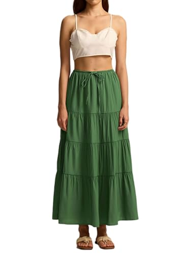 Maxi Skirts for Women Summer Layered Elastic Waist Drawstring Skirt A-Line Pleated Beach Vacation Boho Long Skirt