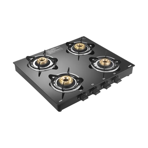 Image of KAFF 4 Burner Gas Hob 60 cm | 4 High Efficiency Brass Burners | 6mm Matte Black Toughened Glass | Matt Enamelled Pan Supports | Easy Grip Knobs | Stainless Steel Drip Tray