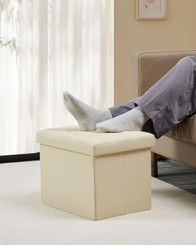 Image of Bsketa Storage Ottoman Bench,17 Inch Folding Leather Foot Rest Stool,Beige | Ottoman with Storage, Thicker Foam Padded Seat, Living Room, Dorm, Bedroom, Load 330 lbs, Easy to install,17x13x13in