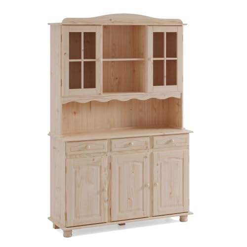 MOBLIT Alacena con Tres Puertas y Tres Cajones Sin Barnizar Realizada en Madera de Pino Macizo Serie Canet Medidas (197x130x42) cm (altoxanchoxfondo), realizada en Madera Maciza de Pino