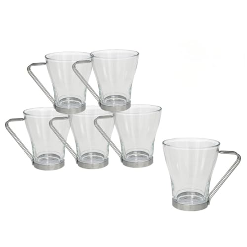 Gissed Juego 6 Tazas Café Desayuno Vidrio con Asa Metálica y Base | 230ml | Vasos Té Capuchino Infusiones Postres | Moderno Elegante | Resistente | NO Microondas/Lavavajillas
