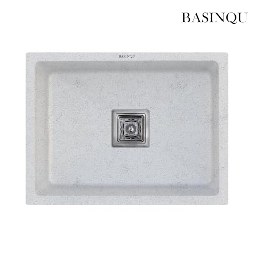 Image of BASINQU Quartz Kitchen Sink 24 x 18 x 9 Inch Granite Kitchen Sink Single Bowl White Quartz Sink for Kitchen Basin Sound Dampening Scratch Resistant UV-Protected Noise Reducing
