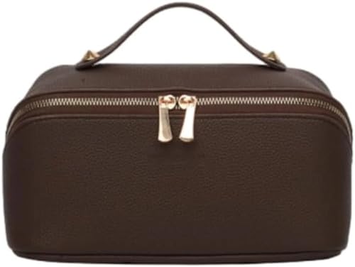 Bolsa de maquillaje: organizador de viaje con múltiples compartimentos, bolsa de cosméticos de cuero vegano impermeable con asa para mujer, Brown, Uso diario