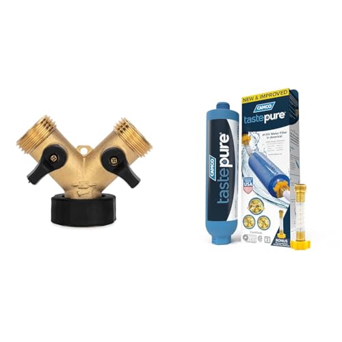 Image of Camco Brass Water Wye Valve-CSA Low Lead Certified(20123)+Camco TastePURE RV Water Filter w /Hose Protector-Inline Water Filter-Reduces Bad Taste, Chlorine, Sediment & More-Made in the USA(40043)