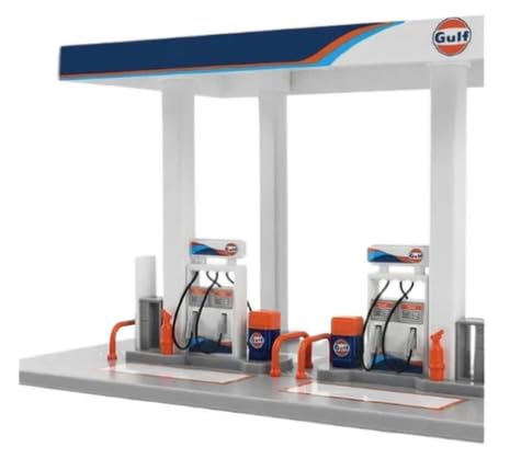 Image of Gulf Oil Gas Station Toy Playset for Kids with Die Cast Car, DIY Assembly Petrol Pump Model, Realistic Fuel Station Set with Accessories, Educational Toy Gift for Boys & Girls