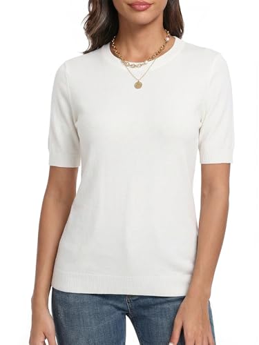 LaGracia Short Sleeve Sweater for Women Wool Blend Crewneck Business Casual Pullover Lightweight Sweaters Beige S — view 2