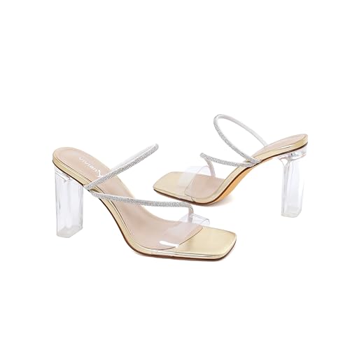 Image of vivianly Womens Square Toe Clear Rhinestone Strappy Heeled Sandals Transparent Block High Heels Slides Slipper Wedding Dress