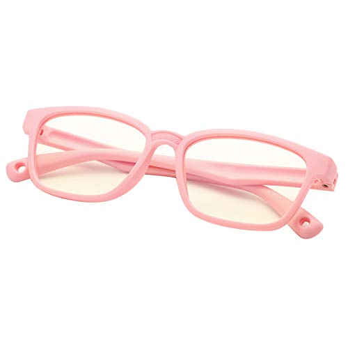 DeBuff Kids Blue Light Blocking Glasses Square Nerd Soft Eyeglasses Frame, UV400 Protection (Barbie Pink)