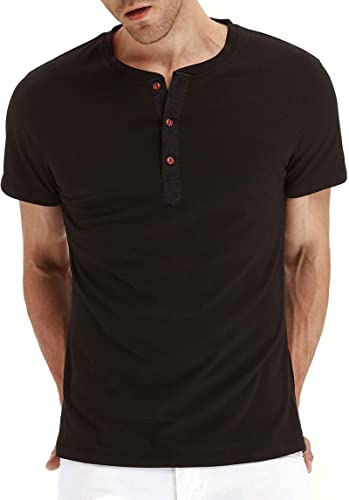 Hisir Tee Shirt Homme Coton Henley T-Shirt Col Rond Manches Courtes Col Tunisien et Boutons pour Homme (Noir, L)