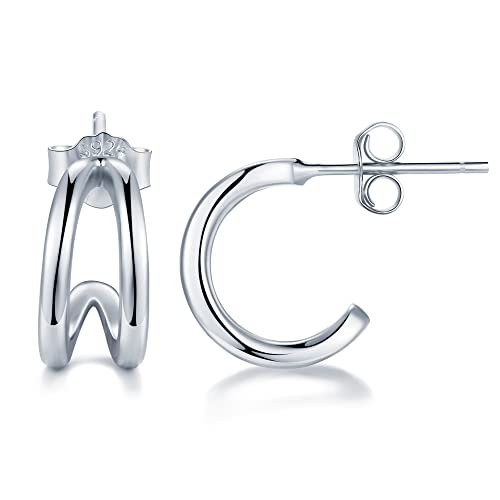 Lydreewam Petites Demi Creoles Argent 925 pour Femme Fille, Mini Boucles d'oreilles Huggies Creoles, 12mm Diamètre Double Creoles (Argent) Cover